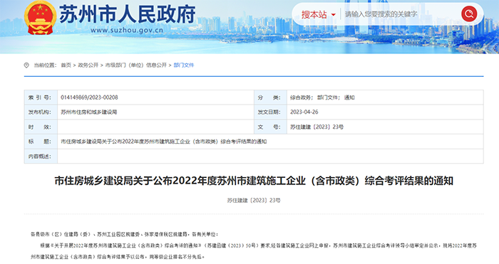 蘇州市建筑施工企業(yè)綜合考評結(jié)果揭曉